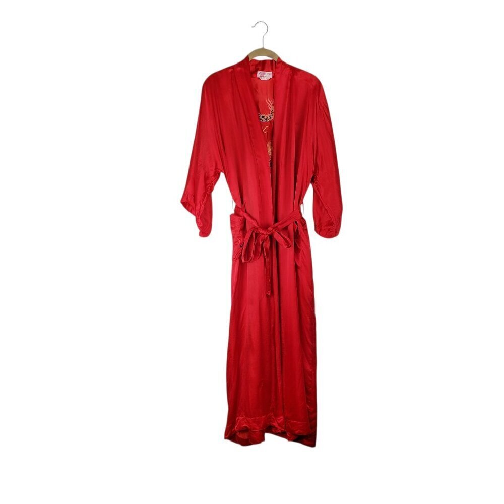Vintage Pearls Red Silk Dragon Embroidered Long Robe Unisex Medium